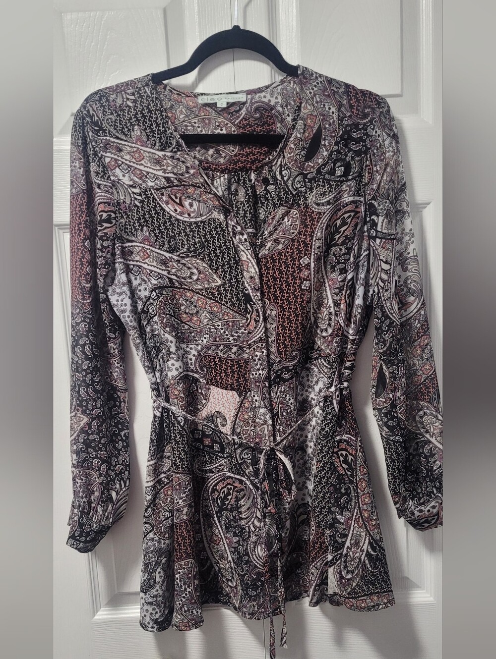 Cleo Petites Paisley Mixed Print Tie-Waist Tunic Blouse